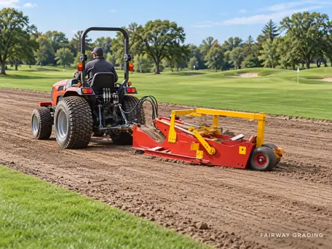 Red Tractor Grading a Golf Fairway — application concept