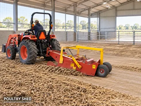 Compact tractor cleaning empty poultry shed — application concept